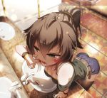  1girl bai_yemeng black_legwear breasts brown_eyes brown_hair cheek_pull cleavage downblouse mirror mouth_ulcer original ponytail revision shirt shorts sink solo tears thigh-highs thighs tile_floor tiles 