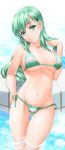  1girl ass_visible_through_thighs bikini blush breasts byeontae_jagga green_eyes green_hair hair_ornament hairclip highres kantai_collection large_breasts long_hair looking_at_viewer navel pool side-tie_bikini smile solo striped striped_bikini suzuya_(kantai_collection) swimsuit water 