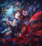  1girl avamone bangs blue_ribbon blurry bokeh brown_hair butterfly choker depth_of_field eyelashes floral_print flower frilled_sleeves frills from_side glowing_butterfly highres japanese_clothes kimono koutetsujou_no_kabaneri lens_flare looking_up mumei_(kabaneri) obi orange_eyes parted_lips petals profile red_flower ribbon ribbon_choker sash short_hair solo spider_lily topknot upper_body wide_sleeves wind 