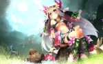  1girl bare_shoulders blue_eyes blue_sky boar boots breasts flower grass hakumare highres jewelry kurissa_(sennen_sensou_aigis) midriff navel necklace outdoors rabbit ring sennen_sensou_aigis sitting sky smile squirrel sun tree_stump under_boob unicorn white_hair 