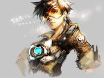  1girl bangs bomber_jacket brown_hair brown_jacket character_name emblem goggles harness jacket leather leather_jacket light_smile lips lipstick looking_at_viewer makeup overwatch short_hair sleeves_rolled_up smile solo spiky_hair tracer_(overwatch) upper_body 