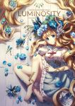  1girl :o absurdly_long_hair armlet artist_name bare_legs barefoot blonde_hair blue_eyes blue_flower blue_skirt blush bow bowtie cover cover_page flower frilled_skirt frills from_above full_body green_flower hair_flower hair_ornament hand_on_own_cheek hand_up horns long_hair looking_at_viewer looking_up lying on_back original parted_lips petals pink_bow pink_bowtie puffy_short_sleeves puffy_sleeves rosuuri shirt short_sleeves skirt solo text very_long_hair white_flower white_shirt 