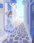  1girl alc_(ex2_lv) arms_behind_back balcony blue_dress brown_eyes brown_hair door dress high_heels highres lolita_fashion looking_back ocean original pantyhose pavement road shoes sign solo street translated walking white_shoes window 