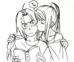  1boy 1girl absurdres ahoge blush book cheek_kiss closed_eyes edward_elric fullmetal_alchemist hetero highres kiss monochrome open_book pinoko_(pnk623) ponytail sketch winry_rockbell 