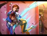  ass black_hair blush bodysuit breasts brown_eyes brown_hair d.va_(overwatch) facial_mark gloves goggles gun head_mounted_display headphones highres hug hug_from_behind jacket lips long_hair multiple_girls overwatch peeking_out ponytail purple_hair purple_skin short_hair smile spiky_hair thighs tracer_(overwatch) tsugumi_(artist) very_long_hair weapon white_gloves widowmaker_(overwatch) yellow_eyes yuri 