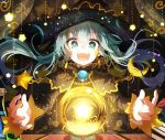  1girl bai_yemeng black_dress blue_eyes blue_hair capelet crescent crystal_ball curtains dress hatsune_miku long_hair long_sleeves looking_at_viewer open_mouth smile solo space star star-shaped_pupils symbol-shaped_pupils twintails very_long_hair vocaloid 