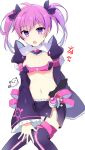  1girl :o beltbra black_bow blush bow character_request creature elsword garter_straps hair_bow juliet_sleeves knees_together long_sleeves looking_at_viewer miniskirt navel open_mouth pinb pink_hair puffy_sleeves purple_skirt short_hair side_slit simple_background sitting skirt solo stomach thigh-highs twintails violet_eyes white_background zettai_ryouiki 