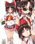  1girl :&lt; ascot bare_legs bare_shoulders benikurage benjamin_button_suukina_jinsei book bow brown_eyes brown_hair burning cookie_(touhou) detached_sleeves dilated_pupils dress hair_bow hair_tubes hakurei_reimu looking_at_viewer looking_over_sunglasses looking_up middle_finger miura_cat open_mouth short_dress short_hair smile sunglasses touhou white_background 