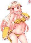  1girl :d animal_ears bare_shoulders bikini black_ribbon blonde_hair blush breasts collarbone dated fang gradient_hair hair_flaps hair_ornament hair_ribbon hairclip highres kanon_(kurogane_knights) kantai_collection long_hair looking_to_the_side messy_hair multicolored_hair navel open_mouth paws red_eyes remodel_(kantai_collection) ribbon simple_background smile solo swimsuit tail thighs tiger_paws tiger_print tiger_tail white_background yuudachi_(kantai_collection) 