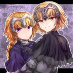  2girls blonde_hair breasts dual_persona fate/grand_order fate_(series) headpiece highres jeanne_alter long_hair looking_at_viewer multiple_girls nappa_(mukudoku6996) ruler_(fate/apocrypha) ruler_(fate/grand_order) short_hair smile violet_eyes yellow_eyes 