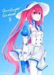  1girl absurdres android commentary_request copyright_name dress gunslinger_stratos hat highres humanoid_robot red_eyes redhead robot_joints small_breasts solo sun_hat toppema_mapetto white_dress xi-988 