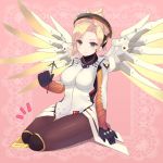  1girl arm_support blonde_hair blue_eyes blush breasts gloves high_ponytail highres holding large_breasts long_hair mechanical_halo mechanical_wings mercy_(overwatch) mimikaki overwatch pantyhose ponytail seiza short_hair sitting skin_tight solo staff wings 