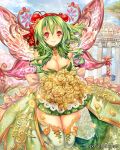  1girl bangs blue_sky blush boots bouquet breasts cherry_blossoms cleavage clouds company_name dress eikou_no_guardian_battle fairy fairy_wings flower flying green_dress green_hair hair_between_eyes hair_flower hair_ornament hairband highres large_breasts long_hair looking_at_viewer madogawa official_art petals red_eyes sky smile solo thigh-highs thigh_boots wings 