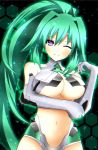  1girl blush breasts cleavage green_hair green_heart large_breasts long_hair neptune_(series) one_eye_closed ponytail solo symbol-shaped_pupils vert very_long_hair violet_eyes 