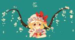  1girl blonde_hair bow cheong_ha elbow_rest flandre_scarlet flower green_background hat hat_bow mob_cap red_eyes side_ponytail solo touhou wings 
