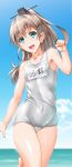  1girl blue_eyes blue_sky byeontae_jagga clouds collarbone covered_navel hair_ornament highres kantai_collection kumano_(kantai_collection) long_hair looking_at_viewer ocean open_mouth platinum_blonde ponytail school_swimsuit silver_hair sky smile solo swimsuit thighs white_school_swimsuit white_swimsuit 