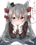  1girl :o ^_^ amatsukaze_(kantai_collection) animated animated_gif black_hat blush brown_eyes brown_shirt closed_eyes closed_mouth gloves hair_between_eyes hair_tubes hairband hands_on_own_cheeks hands_on_own_face hands_up hat head_rest heart highres kantai_collection long_hair long_sleeves looking_at_viewer lying mini_hat musical_note nose_blush on_stomach open_mouth pentagon_(railgun_ky1206) pov quaver shirt silver_hair simple_background smile solo speech_bubble talking text twintails upper_body white_background white_gloves 