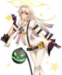  1girl absurdres ahoge ball_and_chain_restraint belt bodysuit breasts candy center_opening cleavage guilty_gear guilty_gear_xrd halo highres jack-o_(guilty_gear) jewelry lollipop long_hair luna_(gunfire) necklace no_bra red_eyes silver_hair smile solo 