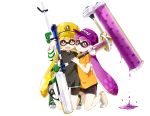  1girl :d arm_up bangs baseball_cap black_shorts blunt_bangs blush closed_mouth clothes_writing domino_mask dripping green_shoes gun hat highres holding holding_gun holding_weapon ink_tank_(splatoon) inkling long_hair long_sleeves mask namori open_mouth purple_hair purple_hat red_eyes rifle shirt shoelaces shoes shorts shorts_under_skirt smile sniper_rifle solo splatoon sweater t-shirt very_long_hair violet_eyes weapon white_background yellow_hat yellow_shoes 