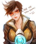  1girl bangs bodysuit bomber_jacket brown_hair brown_jacket dated earrings goggles harness jacket jewelry leather leather_jacket light_smile lips lipstick long_sleeves looking_at_viewer makeup overwatch short_hair simple_background smile solo spiky_hair tracer_(overwatch) upper_body white_background 