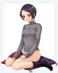  1girl black_hair black_legwear blush border breasts closed_mouth cushion full_body hand_on_own_thigh kitora_ai kneehighs long_sleeves looking_away looking_down maruishi no_pants no_shoes panties red_skirt rounded_corners short_hair sitting skirt skirt_removed solo sweater tassel turtleneck underwear violet_eyes wariza white_background white_panties world_trigger 
