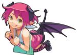 1girl :q bike_shorts character_request copyright_request demon_girl demon_tail demon_wings full_body go_robots horns looking_at_viewer pink_hair sleeveless solo striped striped_legwear symbol-shaped_pupils tail thigh-highs tongue tongue_out transparent_background wings 