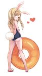  1girl adcd animal_ears ass blonde_hair blue_eyes bunny_tail elin_(tera) from_behind full_body heart innertube long_hair looking_back one-piece_swimsuit open_mouth rabbit_ears sandals simple_background solo swimsuit tail tera_online white_background 
