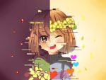  2016 :d androgynous artist_name blood blush_stickers brown_hair c: chara_(undertale) chromatic_aberration closed_eyes flower_wreath frisk_(undertale) glitch heart heart_necklace kiyasuriin open_mouth petals red_eyes smile spoilers striped striped_sweater sweater undertale upper_body watermark 