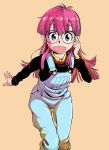  1girl :d black_sweater blue_eyes dr._slump glasses hand_on_own_face hand_up highres leaning_forward long_hair looking_at_viewer nakahara_keihei no_hat norimaki_arale open_mouth orange_background overalls purple_hair round_glasses shirt simple_background smile solo sweater yellow_shirt 
