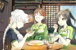  3girls alternate_costume amagi_(kantai_collection) black_hair braid brown_hair chopsticks closed_eyes cup eating flower food hair_flower hair_ornament hair_ribbon highres indoors japanese_clothes kantai_collection katsuragi_(kantai_collection) kimono kobaman_annwn laughing light_rays long_hair multiple_girls noodles painting_(object) pitcher ponytail profile puffy_short_sleeves puffy_sleeves ribbon short_sleeves signature single_braid sitting sky sliding_doors smile soy_sauce sunlight table unryuu_(kantai_collection) white_hair yukata 