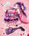  1girl bow character_name cherry chocokin detached_sleeves food food_background frills fruit full_body hair_bow half_updo highres izayoi_liko layered_skirt long_hair looking_at_viewer mahou_girls_precure! pink_background pink_bow pink_eyes plaid plaid_bow ponytail precure purple_bow purple_hair purple_shoes shoes smile solo striped striped_legwear thigh-highs twitter_username wand 