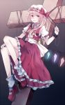  1girl :d ascot bare_legs blonde_hair bobby_socks chain collared_shirt cross crystal cuffs demon_wings dress flandre_scarlet frilled_dress frilled_sleeves frills full_body hat hat_ribbon looking_at_viewer mary_janes miyakure mob_cap open_mouth puffy_short_sleeves puffy_sleeves red_dress red_eyes red_ribbon red_shoes restrained ribbon sash shackles shirt shoes short_sleeves side_ponytail smile socks solo touhou white_hat white_legwear white_shirt wing_collar wings 