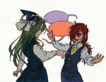  2girls d-nobi green_hair hat kotohime mima multiple_girls necktie pointing police police_uniform policewoman red_eyes redhead shirt speech_bubble touhou touhou_(pc-98) uniform wizard_hat 