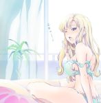  1girl ;o arm_at_side arms_up bare_arms bare_legs bare_shoulders bed bed_sheet blonde_hair blue_bra blue_eyes blue_panties blush bra breasts butt_crack covered_nipples curtains granblue_fantasy highres indoors large_breasts long_hair looking_at_viewer nokinhizadati off_shoulder on_bed one_eye_closed open_mouth panties plant potted_plant sideboob sitting solo spread_legs strap_slip teardrop text translation_request underwear underwear_only waking_up window zeta_(granblue_fantasy) 