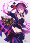  1girl ass bare_shoulders belt beret black_legwear blush book boots detached_collar detached_sleeves fate/grand_order fate_(series) hat helena_blavatsky_(fate/grand_order) ichikura_tokage open_book open_mouth purple_hair small_breasts solo thigh-highs twisted_torso violet_eyes 