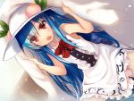  1girl adapted_costume bare_arms bare_shoulders blanket blue_hair bow bowtie commentary_request dress efe food fruit hat hinanawi_tenshi long_hair looking_at_viewer open_mouth peach red_eyes solo thighs touhou very_long_hair white_dress 