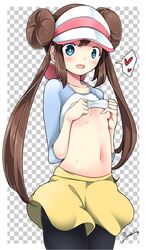  1girl black_legwear blue_eyes breasts brown_hair collarbone hat highres long_hair maremay0513 mei_(pokemon) navel open_mouth pantyhose pokemon shirt_lift signature skirt small_breasts solo twintails under_boob yellow_skirt 