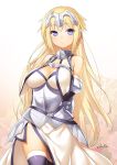  1girl 47agdragon armor armored_dress bare_shoulders blonde_hair breasts cleavage detached_sleeves dress fate/apocrypha fate/grand_order fate_(series) grey_eyes grey_legwear headpiece highres large_breasts long_hair looking_at_viewer ruler_(fate/apocrypha) ruler_(fate/grand_order) smile solo thigh-highs thighs very_long_hair white_dress 