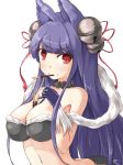  1girl animal_ears bell blush breasts cleavage fox_ears gloves granblue_fantasy hair_bell hair_ornament jingle_bell kuro_(be_ok) large_breasts long_hair looking_at_viewer mouth_hold navel pocky purple_hair red_eyes smile solo very_long_hair yuel_(granblue_fantasy) 