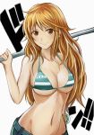 1girl bangle bikini_top bracelet breasts brown_eyes brown_hair cleavage collarbone commentary_request earrings jewelry log_pose long_hair looking_at_viewer nami_(one_piece) nannacy7 navel one_piece smile solo 