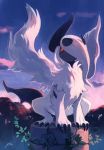  :&lt; bluekomadori clouds full_body highres looking_up mega_absol no_humans outdoors pokemon pokemon_(creature) red_eyes signature sky squatting white_wings wings 