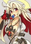  1girl breasts candy cleavage gazacy_(dai) gloves guilty_gear guilty_gear_xrd halo highres jack-o_(guilty_gear) lollipop long_hair looking_at_viewer multicolored_hair red_eyes redhead solo two-tone_hair white_hair 