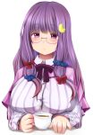  1girl bangs bespectacled blunt_bangs blush breasts capelet coffee covered_nipples crescent crescent_hair_ornament cup expressionless fingernails glasses hair_ornament hair_ribbon head_tilt holding holding_cup kozue_akari large_breasts long_hair long_sleeves looking_at_viewer no_hat patchouli_knowledge purple-framed_glasses purple_hair ribbon semi-rimless_glasses shirt simple_background solo steam striped striped_shirt touhou tress_ribbon under-rim_glasses upper_body violet_eyes white_background 