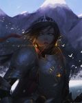  1girl animal armor bird black_hair blue_sky breastplate day earrings elbow_pads full_armor glowing green_eyes guweiz jewelry knight looking_to_the_side mountain original outdoors parted_lips pointy_ears short_hair shoulder_pads sky snow solo tiara upper_body 