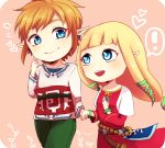  ! 1boy 1girl artist_name bangs blonde_hair blue_eyes bracelet dress hand_on_own_chest heart holding_hands jewelry link open_mouth orange_hair pointy_ears princess_zelda red_dress signature sinzuu smile spoken_exclamation_mark the_legend_of_zelda the_legend_of_zelda:_skyward_sword 