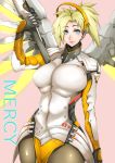  blonde_hair blue_eyes breasts gggg highres large_breasts lips mechanical_halo mercy_(overwatch) overwatch pantyhose pink_background short_hair simple_background solo staff wide_hips wings 