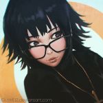  artist_name black-framed_glasses black_hair closed_mouth cross cross_necklace guweiz hunter_x_hunter jewelry looking_to_the_side necklace pendant red_lips shizuku_(hunter_x_hunter) short_hair sweater upper_body violet_eyes 