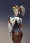  1girl absurdres alessandro_jie ass black_panties blonde_hair blue_eyes bodysuit cowboy_shot from_behind high_ponytail highres holding long_hair looking_away mechanical_halo mercy_(overwatch) overwatch panties panties_under_pantyhose pantyhose ponytail short_hair solo thighs trefoil underwear 