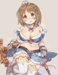  1girl 7010 bare_shoulders blush breasts brown_eyes brown_hair cleavage flower fur_trim gauntlets granblue_fantasy greaves hair_flower hair_ornament idolmaster idolmaster_cinderella_girls large_breasts midriff mimura_kanako short_hair simple_background skirt smile solo sweat sword tiara weapon 