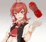 &gt;:d 1girl :d ahoge arashi_(kantai_collection) arm_at_side ascot black_vest blush buttons collared_shirt eyebrows eyebrows_visible_through_hair gloves grey_background holding kantai_collection looking_at_viewer open_clothes open_mouth open_vest red_ascot redhead round_teeth shirt short_hair simple_background smile solo teeth unbuttoned vest violet_eyes white_gloves white_shirt wing_collar yamaioni_(sasakama) 